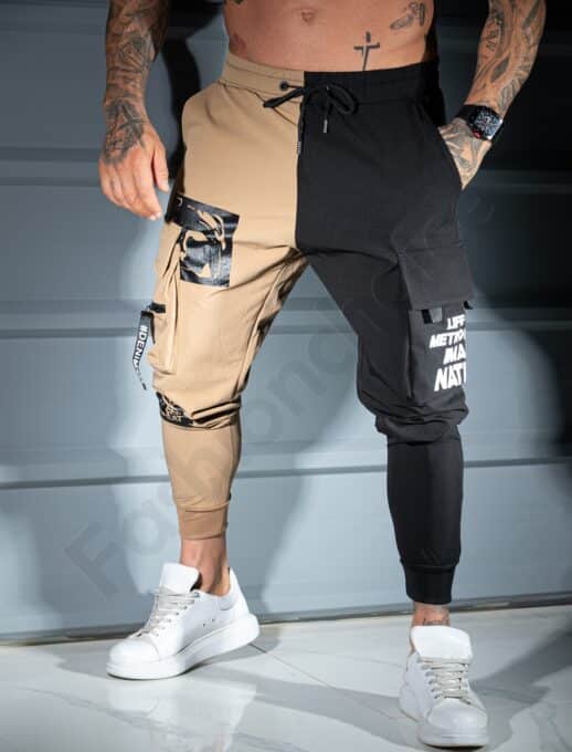 Pantalon sport bicolor din fas cu buzunare cargo si inscriptii-camel/negru cod 9898