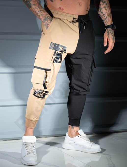 Pantalon sport bicolor din fas cu buzunare cargo si inscriptii-camel/negru cod 9898