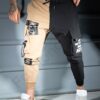 Pantalon sport bicolor din fas cu buzunare cargo si inscriptii-camel/negru cod 9898