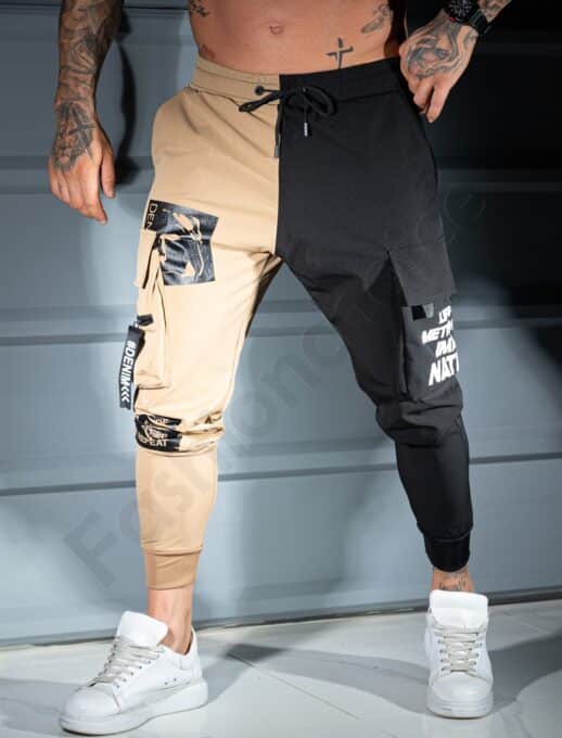 Pantalon sport bicolor din fas cu buzunare cargo si inscriptii-camel/negru cod 9898