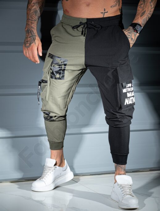 Pantalon sport bicolor din fas cu buzunare cargo si inscriptii-kaki/negru cod 9898-1