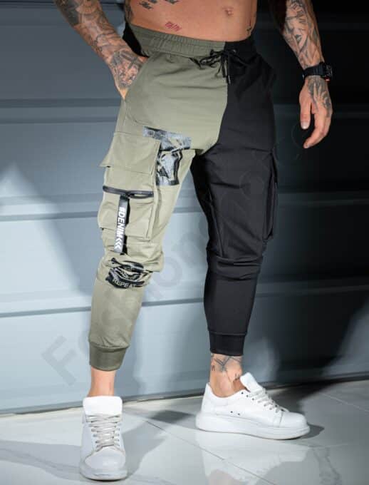 Pantalon sport bicolor din fas cu buzunare cargo si inscriptii-kaki/negru cod 9898-1