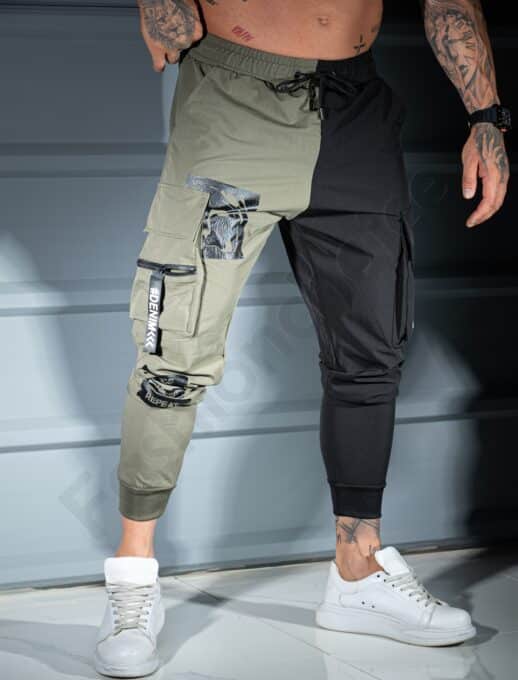 Pantalon sport bicolor din fas cu buzunare cargo si inscriptii-kaki/negru cod 9898-1