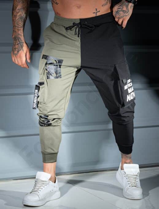 Pantalon sport bicolor din fas cu buzunare cargo si inscriptii-kaki/negru cod 9898-1