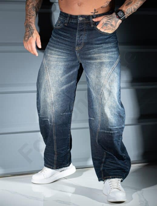 Blugi BAGGY STYLE pentru barbati cu efect prespalat-albastru inchis cod 8674