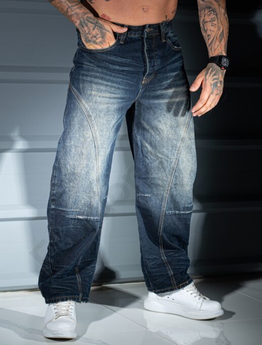 Blugi BAGGY STYLE pentru barbati cu efect prespalat-albastru inchis cod 8674