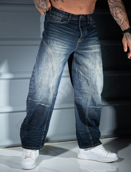 Blugi BAGGY STYLE pentru barbati cu efect prespalat-albastru inchis cod 8674