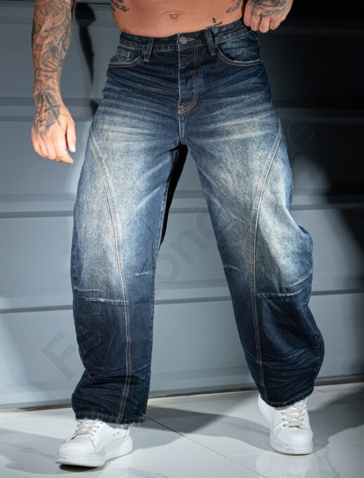 Blugi BAGGY STYLE pentru barbati cu efect prespalat-albastru inchis cod 8674