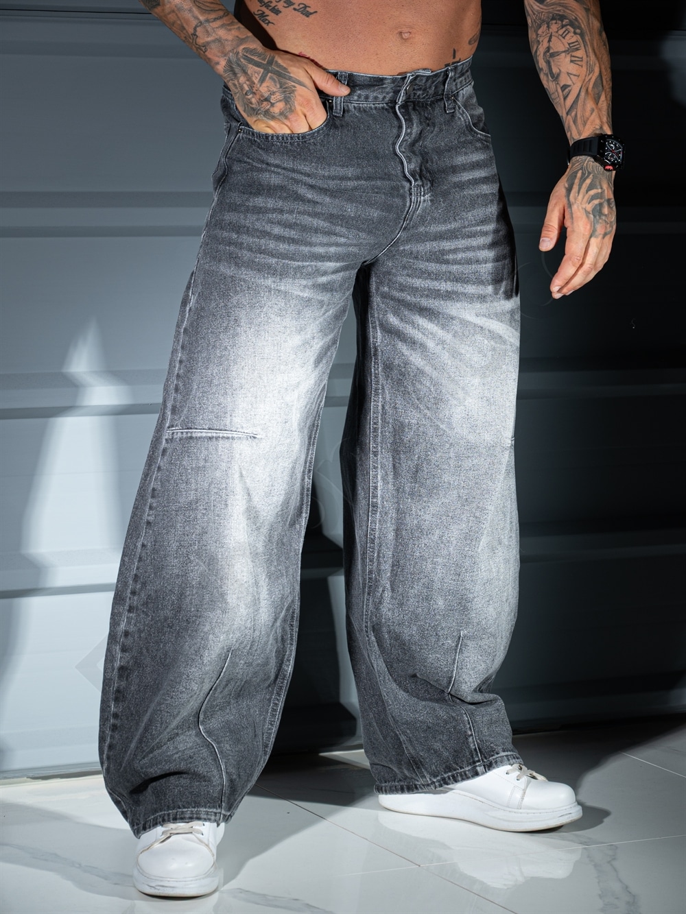 Blugi BAGGY STYLE pentru barbati cu efect prespalat-gri cod 536