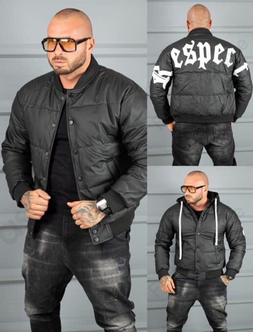 Geaca bomber din material fas impermeabil cu aplicatie RESPECT-negru cod 2508