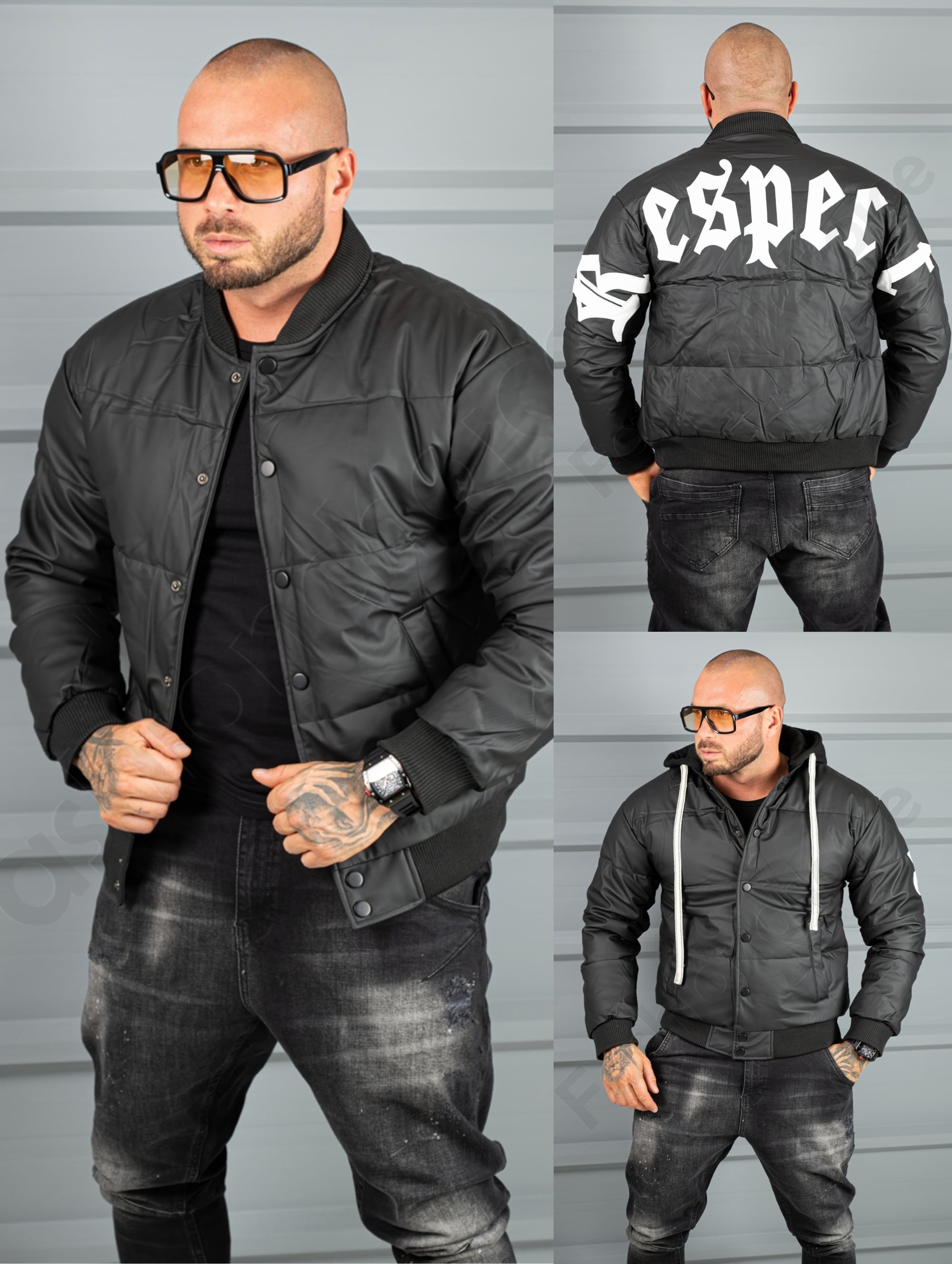 Geaca bomber din material fas impermeabil cu aplicatie RESPECT-negru cod 2508