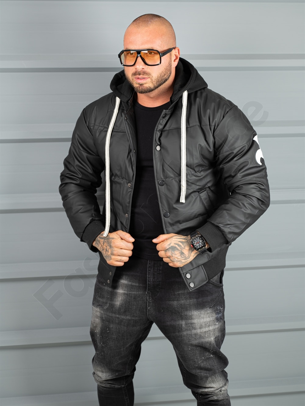 Geaca bomber din material fas impermeabil cu aplicatie RESPECT-negru cod 2508