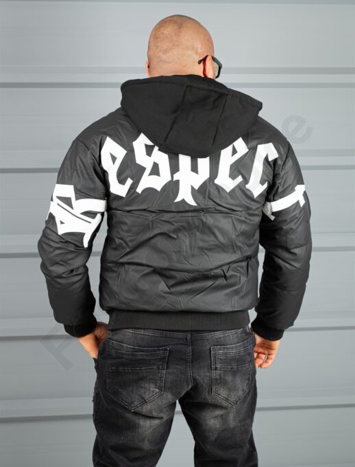Geaca bomber din material fas impermeabil cu aplicatie RESPECT-negru cod 2508