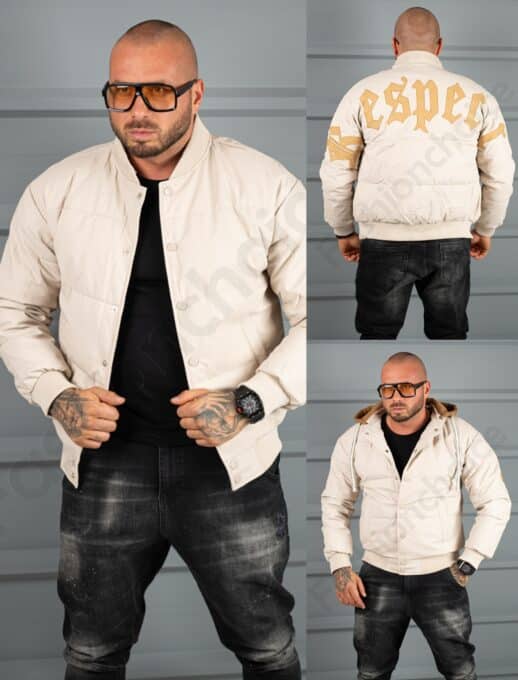 Geaca bomber din material fas impermeabil cu aplicatie RESPECT-bej cod 2508-1