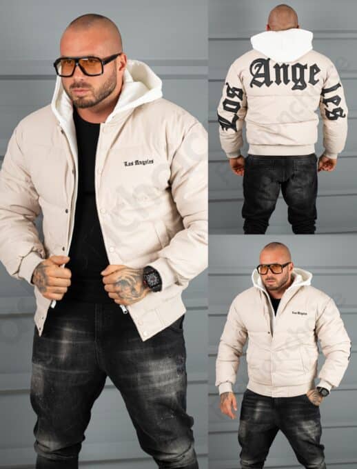 Geaca bomber din material fas impermeabil cu aplicatie LOS ANGELES-bej cod 5707-1