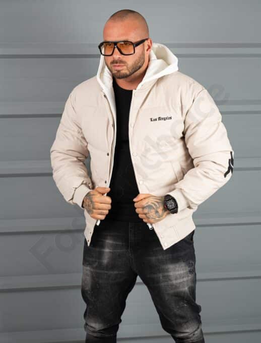 Geaca bomber din material fas impermeabil cu aplicatie LOS ANGELES-bej cod 5707-1