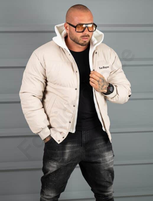 Geaca bomber din material fas impermeabil cu aplicatie LOS ANGELES-bej cod 5707-1