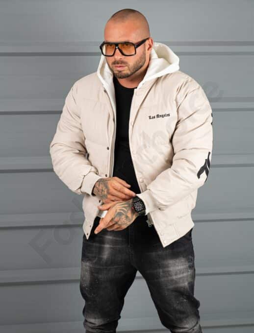 Geaca bomber din material fas impermeabil cu aplicatie LOS ANGELES-bej cod 5707-1