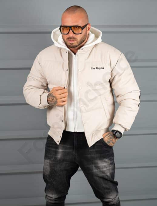 Geaca bomber din material fas impermeabil cu aplicatie LOS ANGELES-bej cod 5707-1