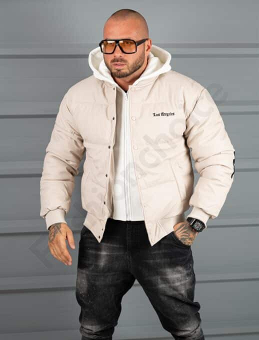 Geaca bomber din material fas impermeabil cu aplicatie LOS ANGELES-bej cod 5707-1