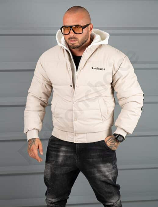 Geaca bomber din material fas impermeabil cu aplicatie LOS ANGELES-bej cod 5707-1