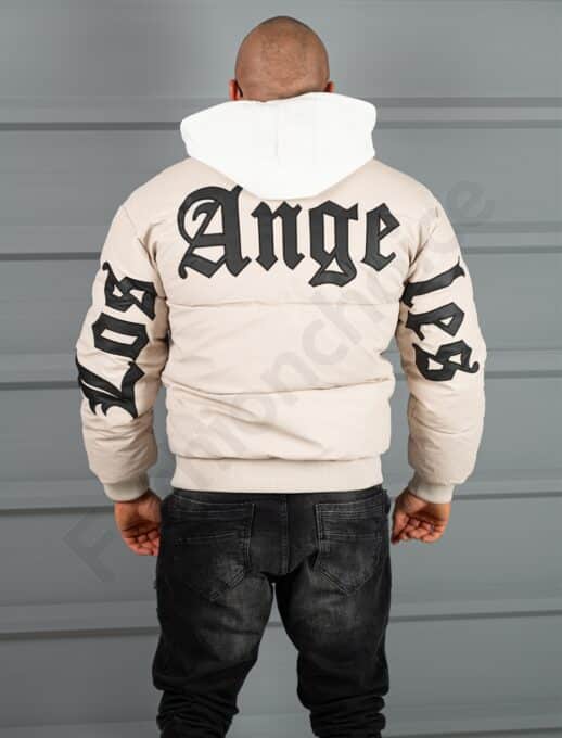Geaca bomber din material fas impermeabil cu aplicatie LOS ANGELES-bej cod 5707-1