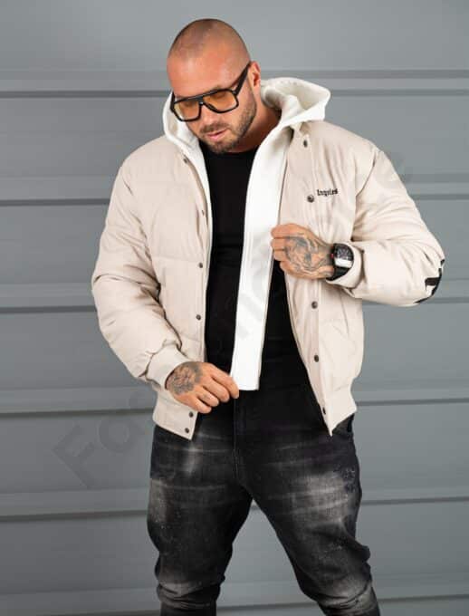 Geaca bomber din material fas impermeabil cu aplicatie LOS ANGELES-bej cod 5707-1