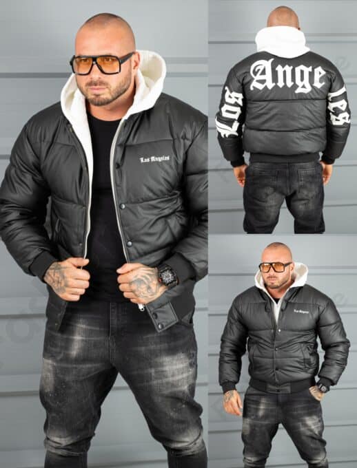 Geaca bomber din material fas impermeabil cu aplicatie LOS ANGELES-negru cod 5707