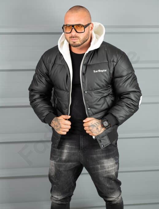 Geaca bomber din material fas impermeabil cu aplicatie LOS ANGELES-negru cod 5707