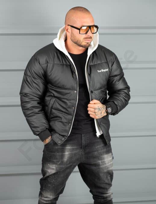 Geaca bomber din material fas impermeabil cu aplicatie LOS ANGELES-negru cod 5707