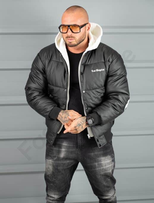 Geaca bomber din material fas impermeabil cu aplicatie LOS ANGELES-negru cod 5707