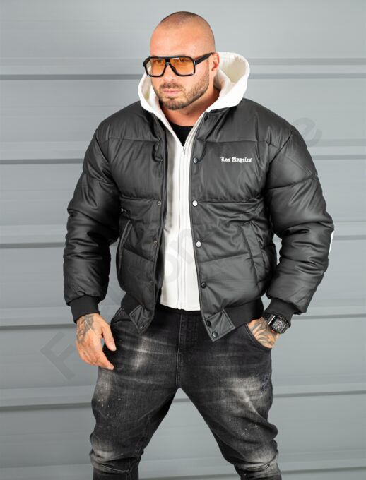 Geaca bomber din material fas impermeabil cu aplicatie LOS ANGELES-negru cod 5707