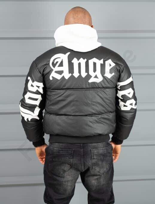 Geaca bomber din material fas impermeabil cu aplicatie LOS ANGELES-negru cod 5707