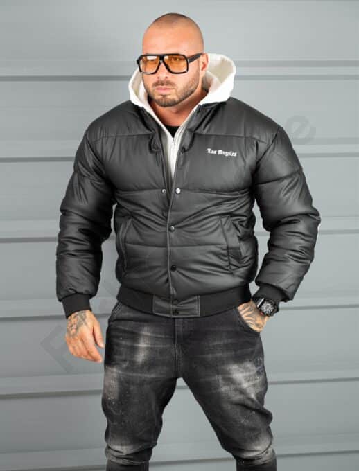 Geaca bomber din material fas impermeabil cu aplicatie LOS ANGELES-negru cod 5707