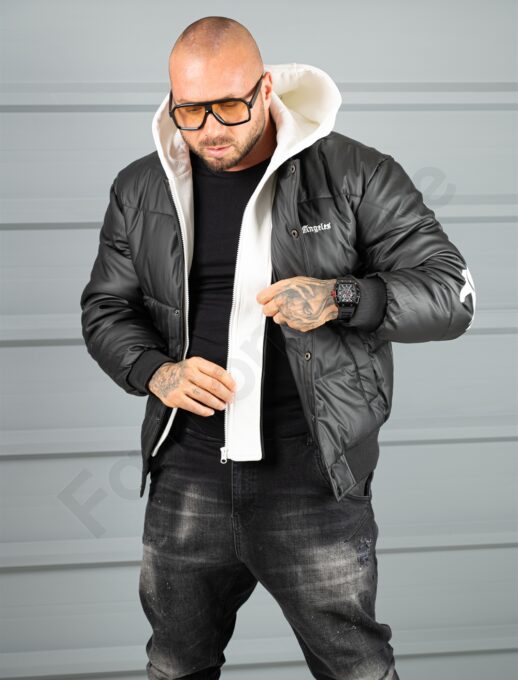 Geaca bomber din material fas impermeabil cu aplicatie LOS ANGELES-negru cod 5707