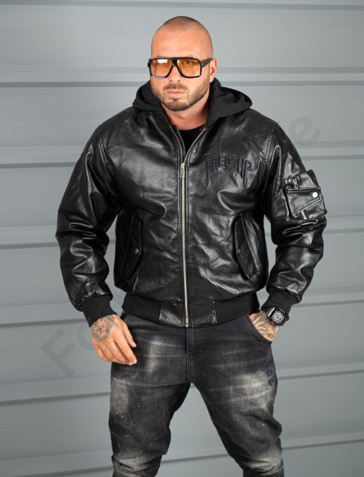 Geaca groasa bomber din piele eco cu gluga si aplicatie cod 270020