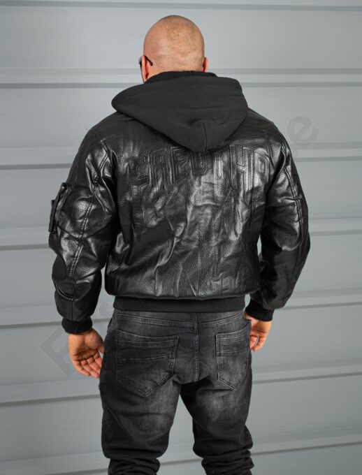 Geaca groasa bomber din piele eco cu gluga si aplicatie cod 270020