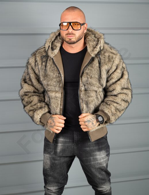 Geaca groasa din piele eco cu doua fete si gluga-moca cod 170165-1