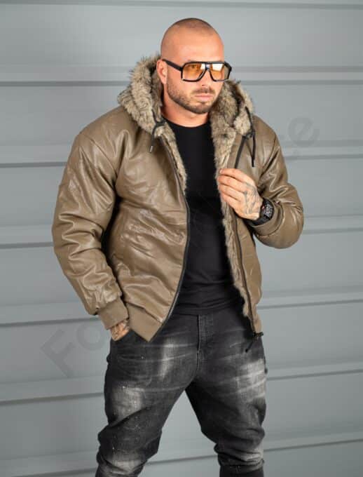 Geaca groasa din piele eco cu doua fete si gluga-moca cod 170165-1
