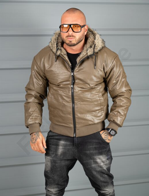 Geaca groasa din piele eco cu doua fete si gluga-moca cod 170165-1