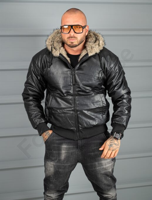 Geaca groasa din piele eco cu doua fete si gluga-negru cod 170165