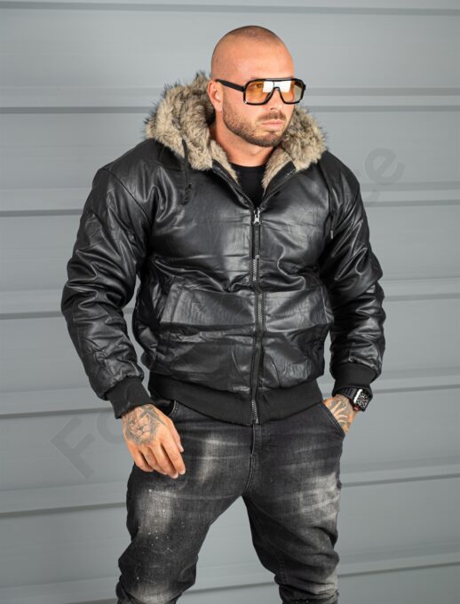 Geaca groasa din piele eco cu doua fete si gluga-negru cod 170165