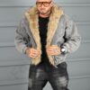 Geaca bomber pentru iarna din denim cu guler si blana eco-gri cod 26703