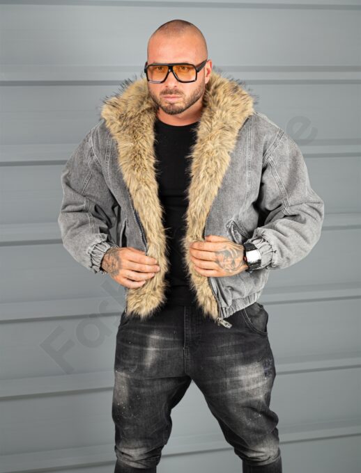 Geaca bomber pentru iarna din denim cu guler si blana eco-gri cod 26703