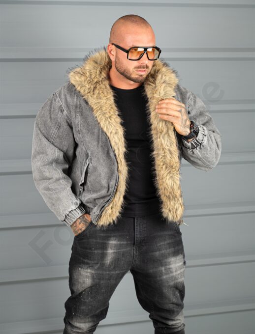 Geaca bomber pentru iarna din denim cu guler si blana eco-gri cod 26703