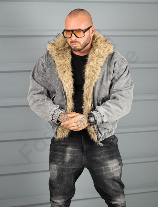 Geaca bomber pentru iarna din denim cu guler si blana eco-gri cod 26703