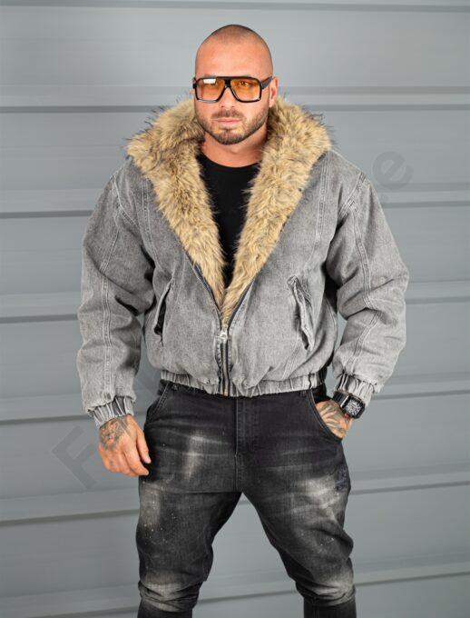 Geaca bomber pentru iarna din denim cu guler si blana eco-gri cod 26703