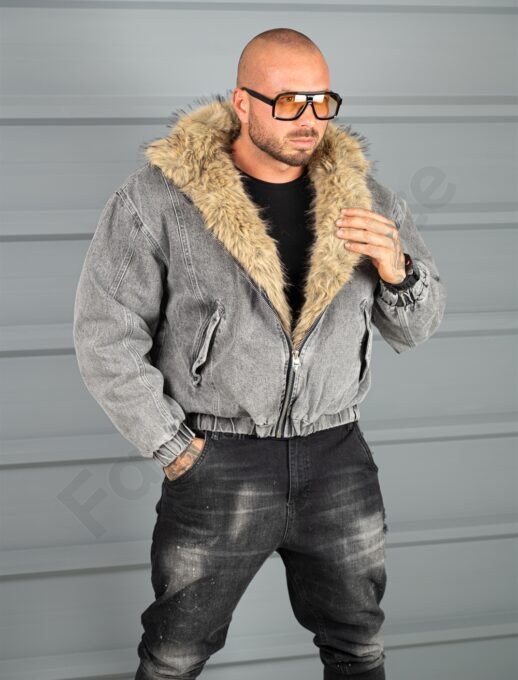 Geaca bomber pentru iarna din denim cu guler si blana eco-gri cod 26703
