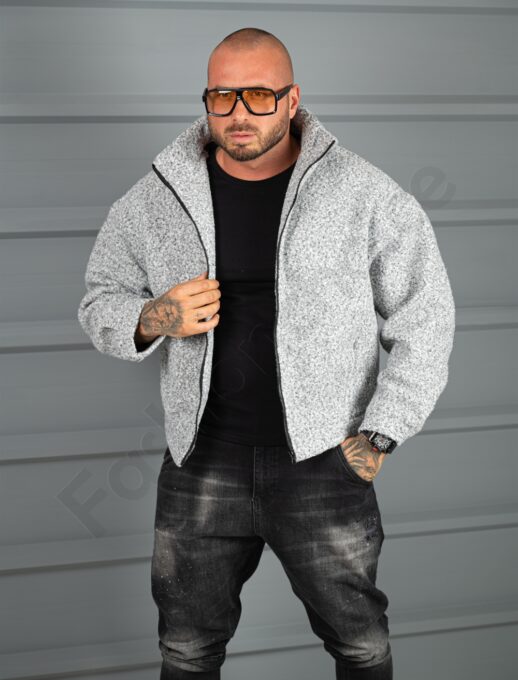 Geaca groasa Oversize pentru barbati din bucle cu guler inalt-gri melanj cod 26030-1