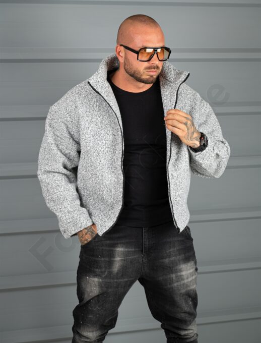 Geaca groasa Oversize pentru barbati din bucle cu guler inalt-gri melanj cod 26030-1